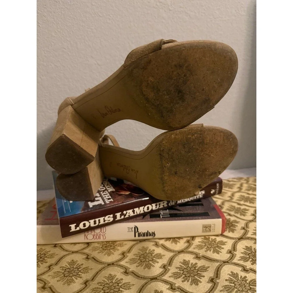 Sam Edelman Block Heel Sandals Tan Suede Ankle Strap Scalloped Dress Heel 7.5 - Picture 8 of 9